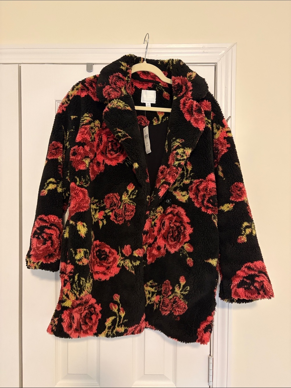 Anthropologie Black Teddy Jacket with Red Rose Print